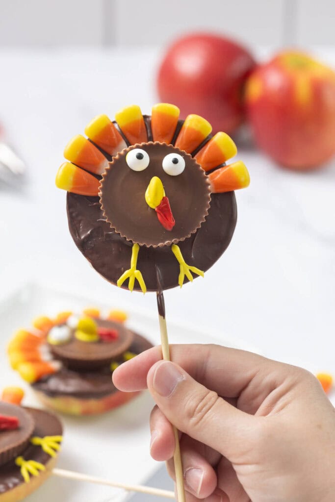 chocolate covered apple slice decorated to look like a turkey