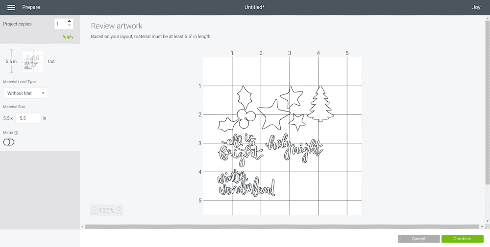 Cricut Design Space screen shot of holiday SVG