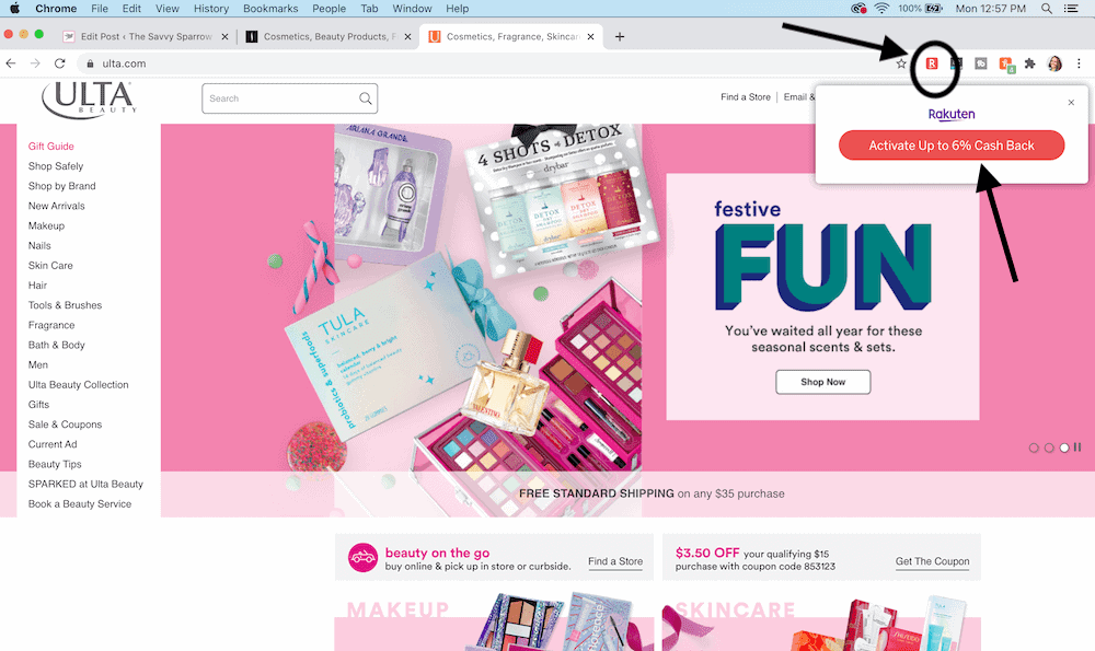 screenshot of online store showing Rakuten browser extension