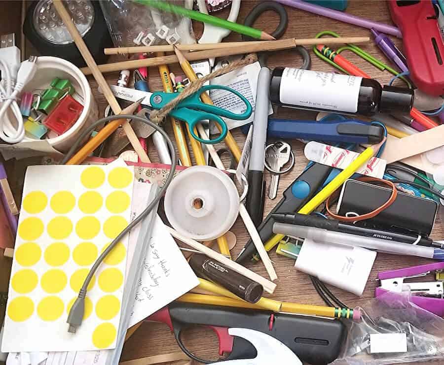 cluttered junk drawer