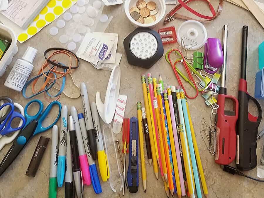 contents of a junk drawer organized by category