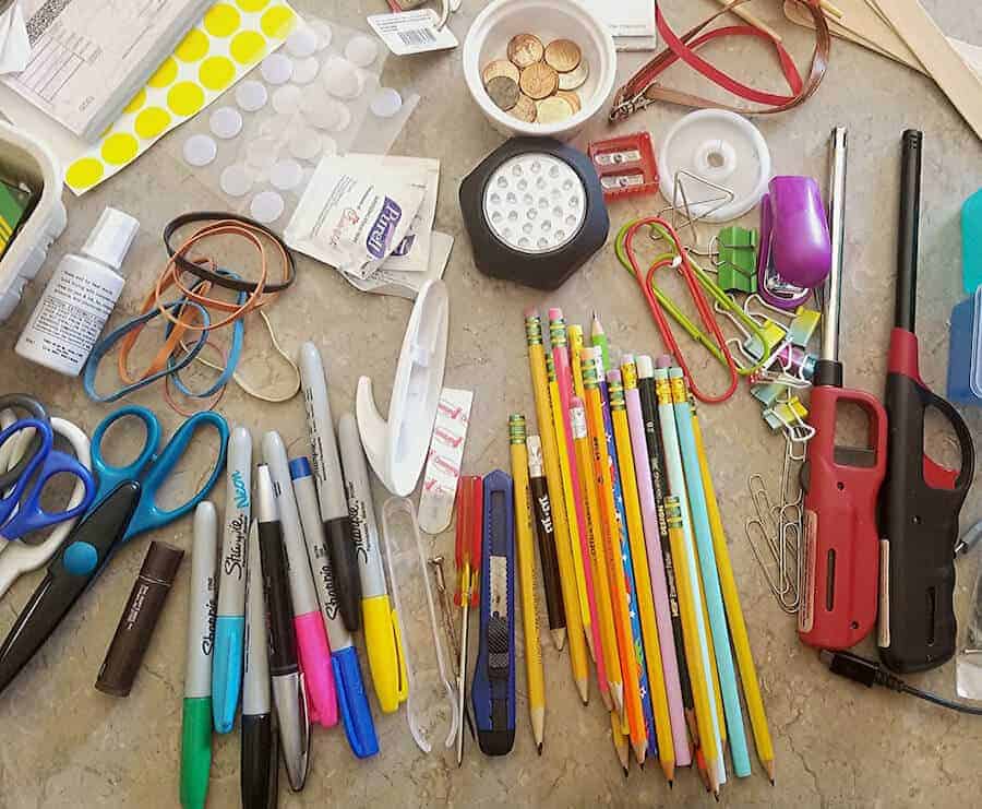 contents of a junk drawer organized by category