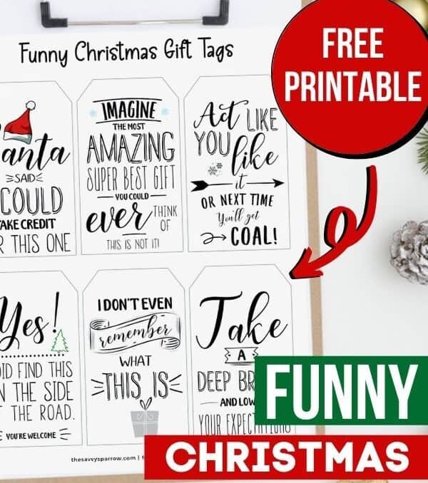 printable sheets of funny Christmas gift tags on a clipboard