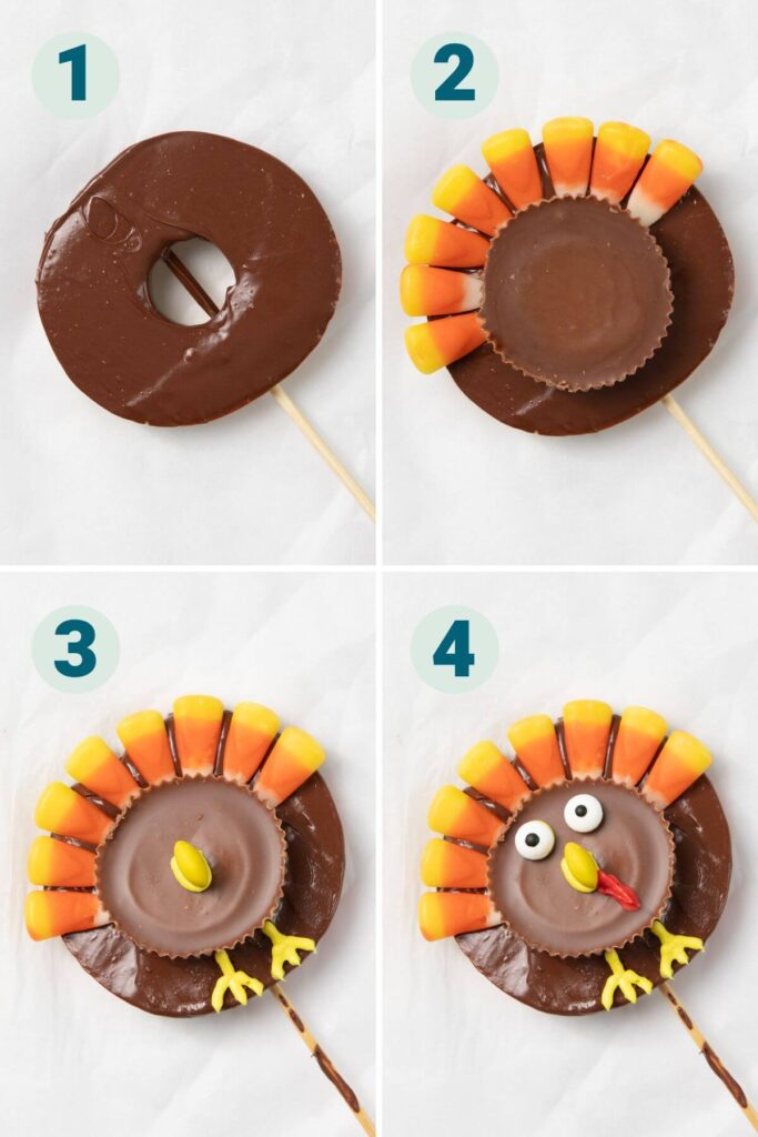 collage with steps to decorate chocolate covered apple slices to look like turkeys