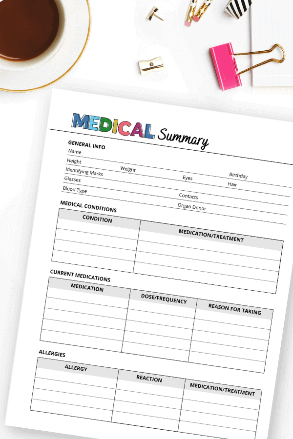 medical information printable sheet