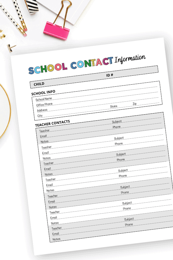 school contact information in the home management binder