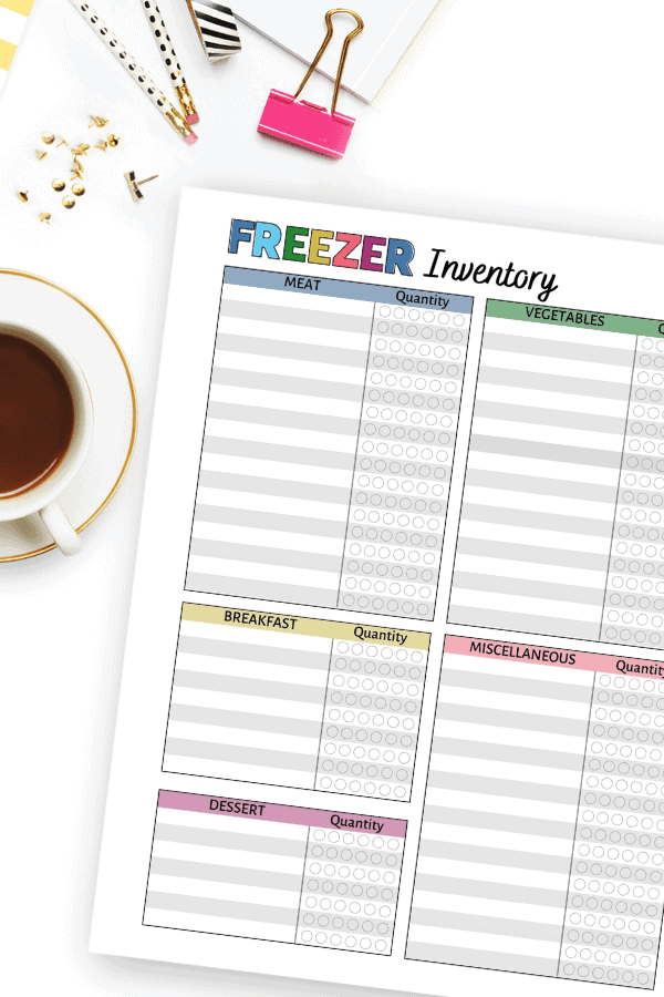 freezer inventory sheet in the home management binder
