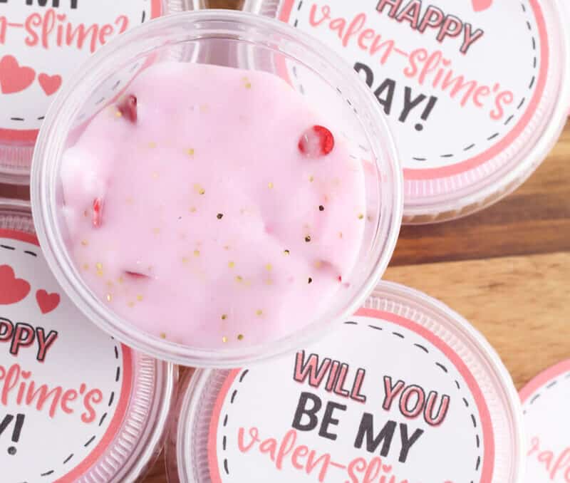Valentines day slime in portion cups with printable tag