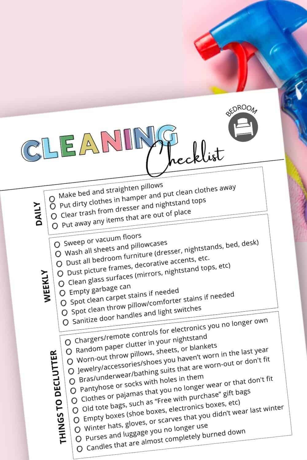 printable bedroom cleaning checklist showing daily and weekly jobs
