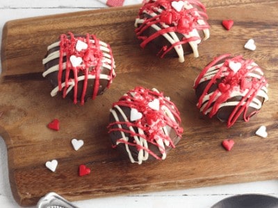 hot chocolate bombs decorated for Valentine's Day
