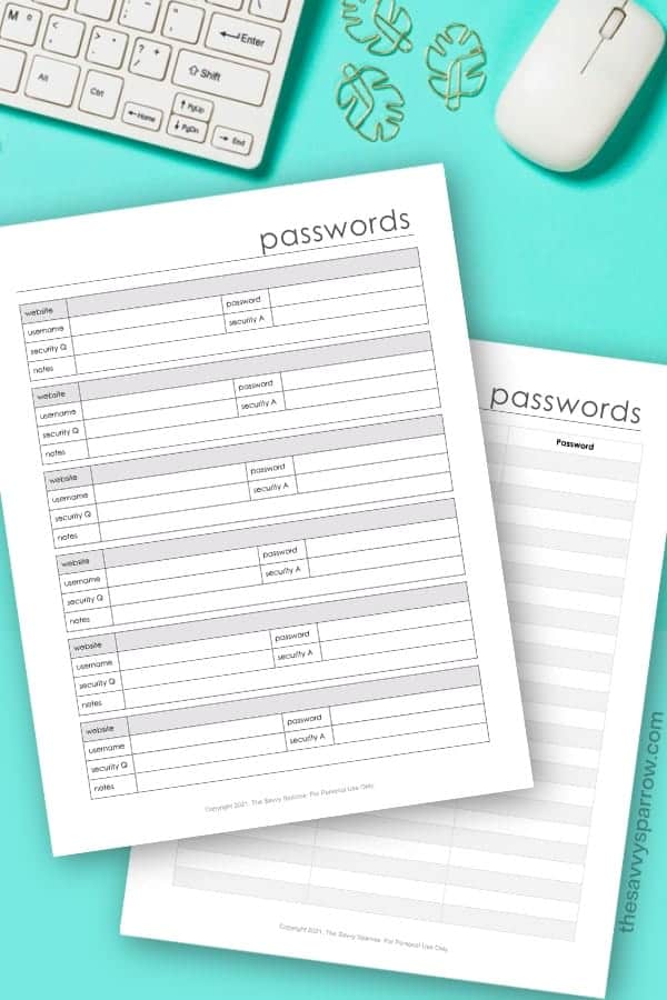 free printable password trackers