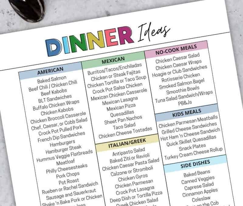 printable list of meals for dinner