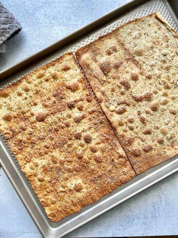 baked flatbread on a cookie sheet