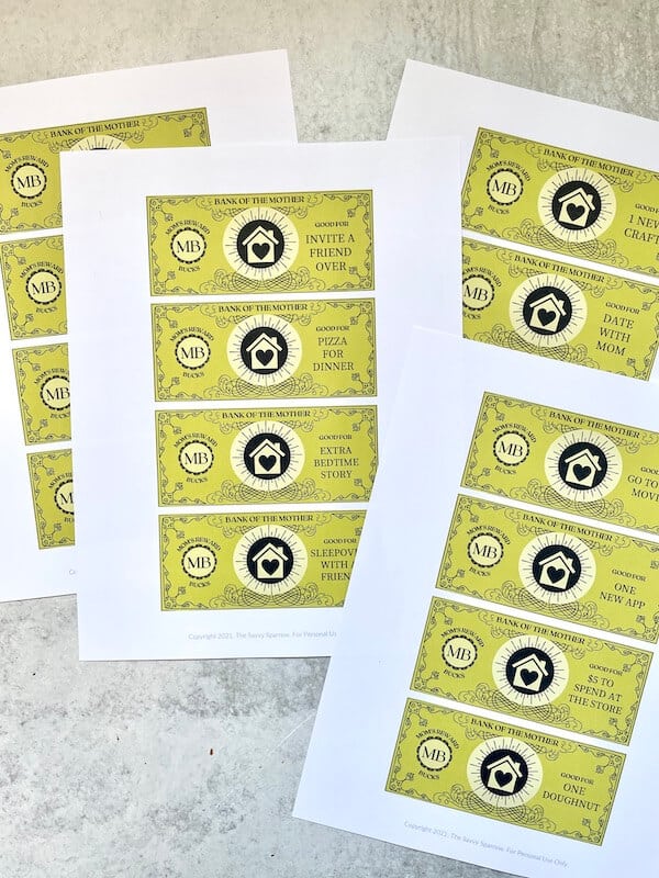 reward coupons for kids printed out