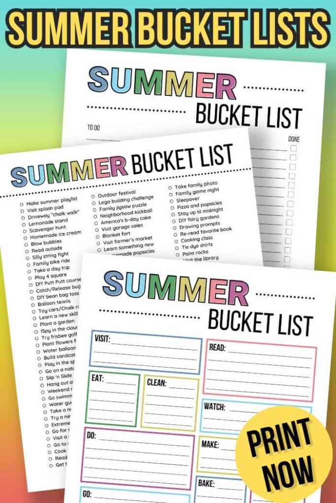 rainbow colored summer bucket list templates with ideas