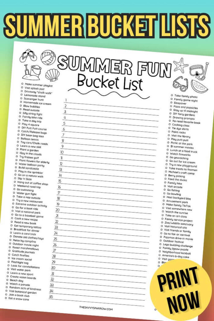free printable summer bucket list template