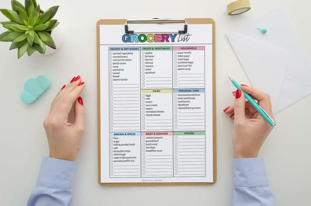 printable grocery list template on a clipboard