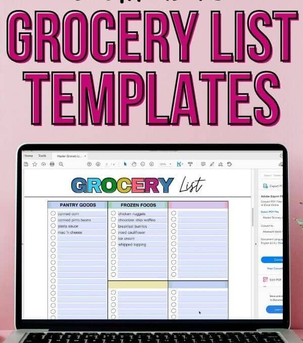 grocery list PDF on laptop screen with text that says "editable grocery list templates"
