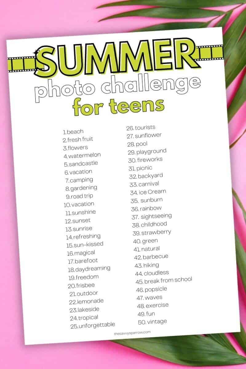 printable summer photo challenge for teens on a pink background
