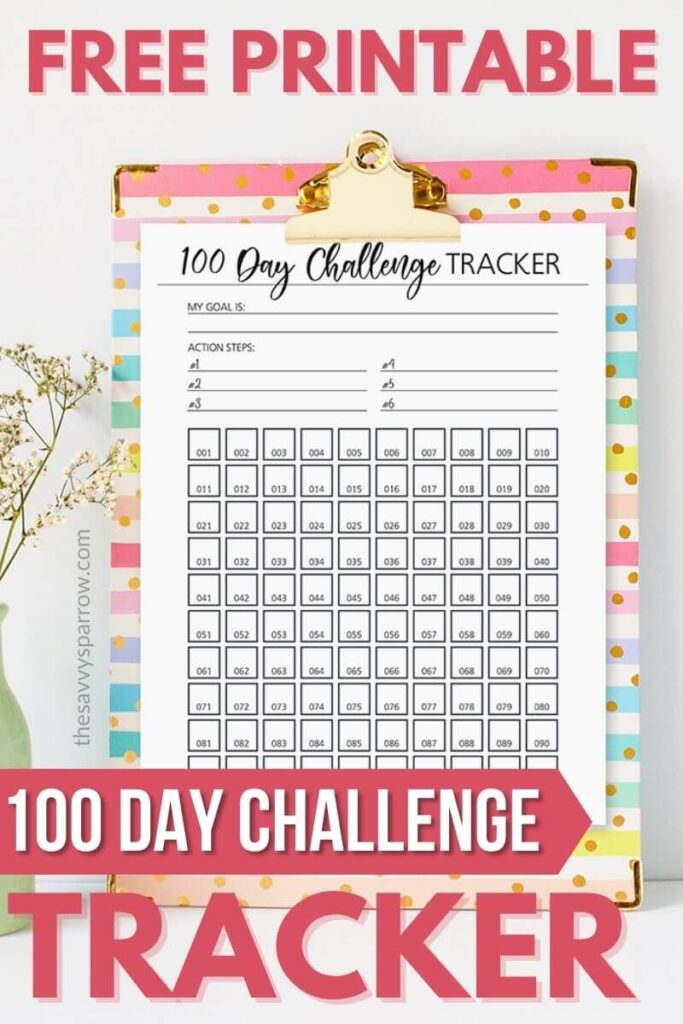 free printable 100 day challenge tracker on a clipboard