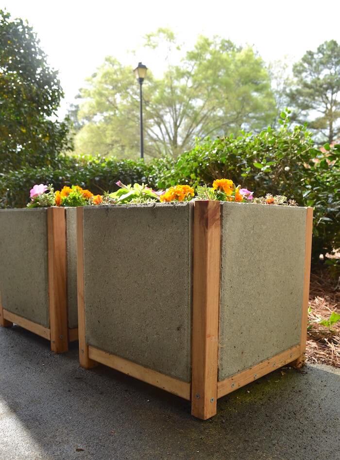 DIY planter boxes made from concrete pavers