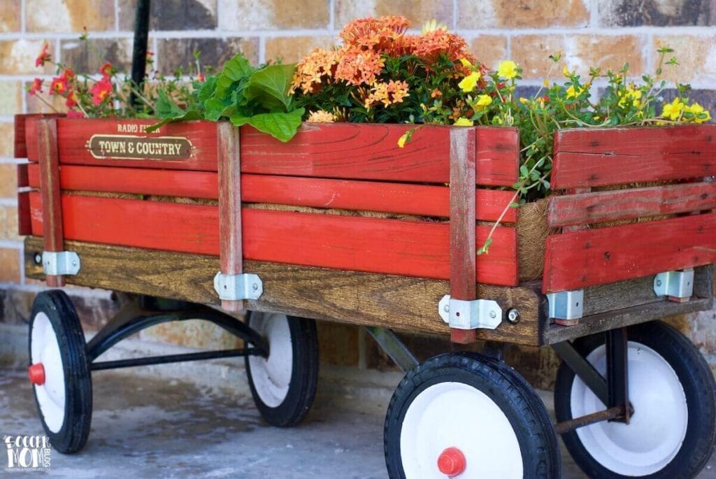 wagon repurposed into an outdoor planter