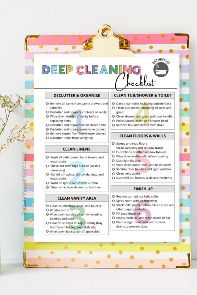 bathroom deep cleaning checklist on a clipboard