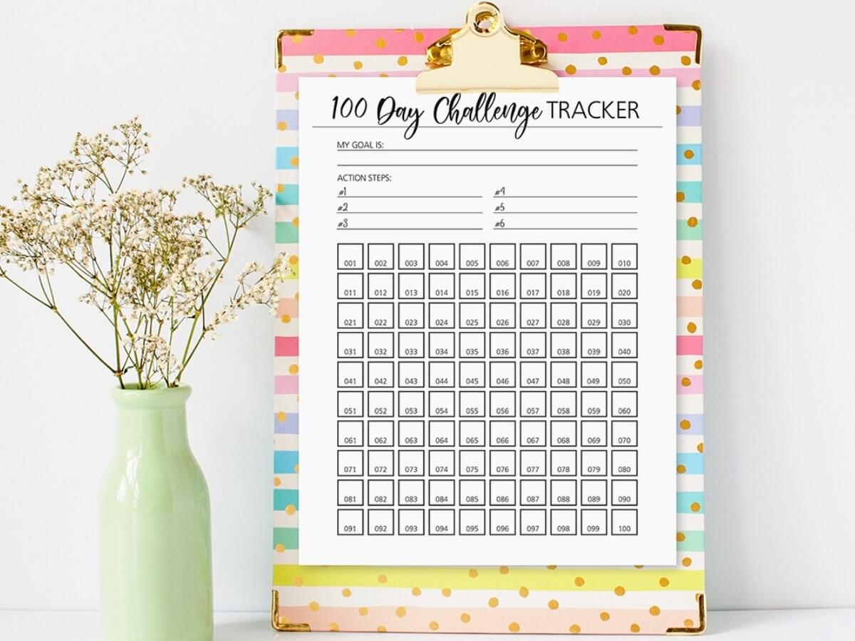 100 Day Challenge Printable, Bujo Journal 100 Day Project Worksheet, Bujo  100 Day Challenge Tracker, Goal Tracker Habit Tracker Resolution 