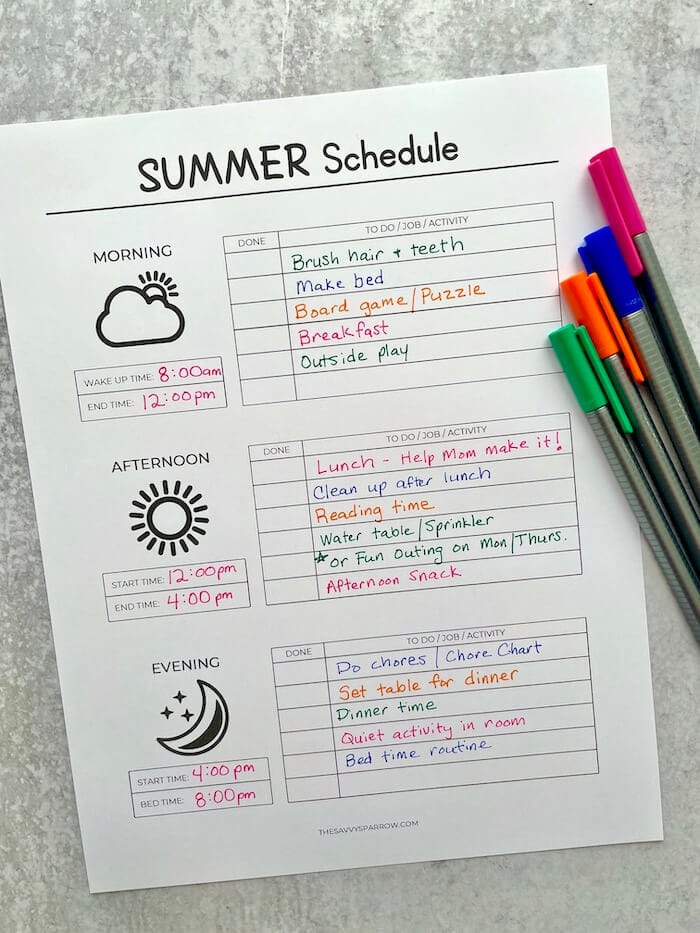 summertime daily schedule for kids