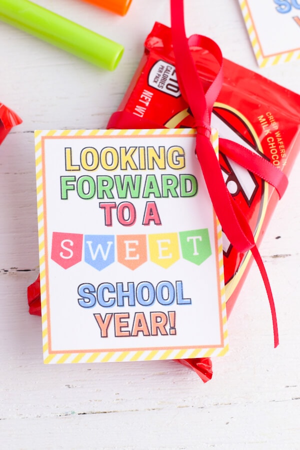 candy teacher gift with a colorful gift tag
