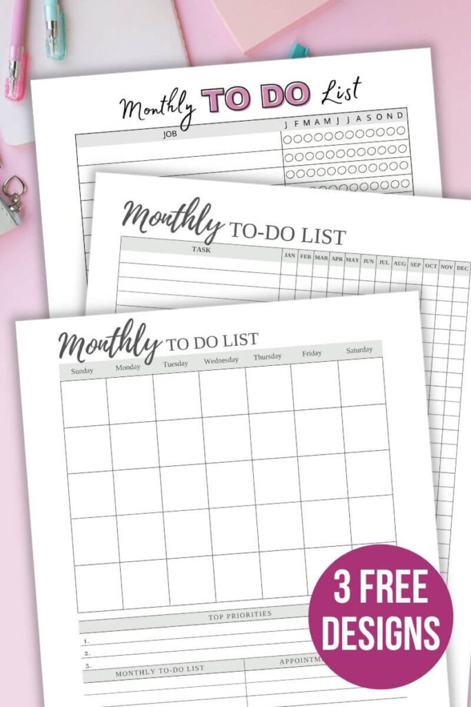 3 free printable monthly to do lists