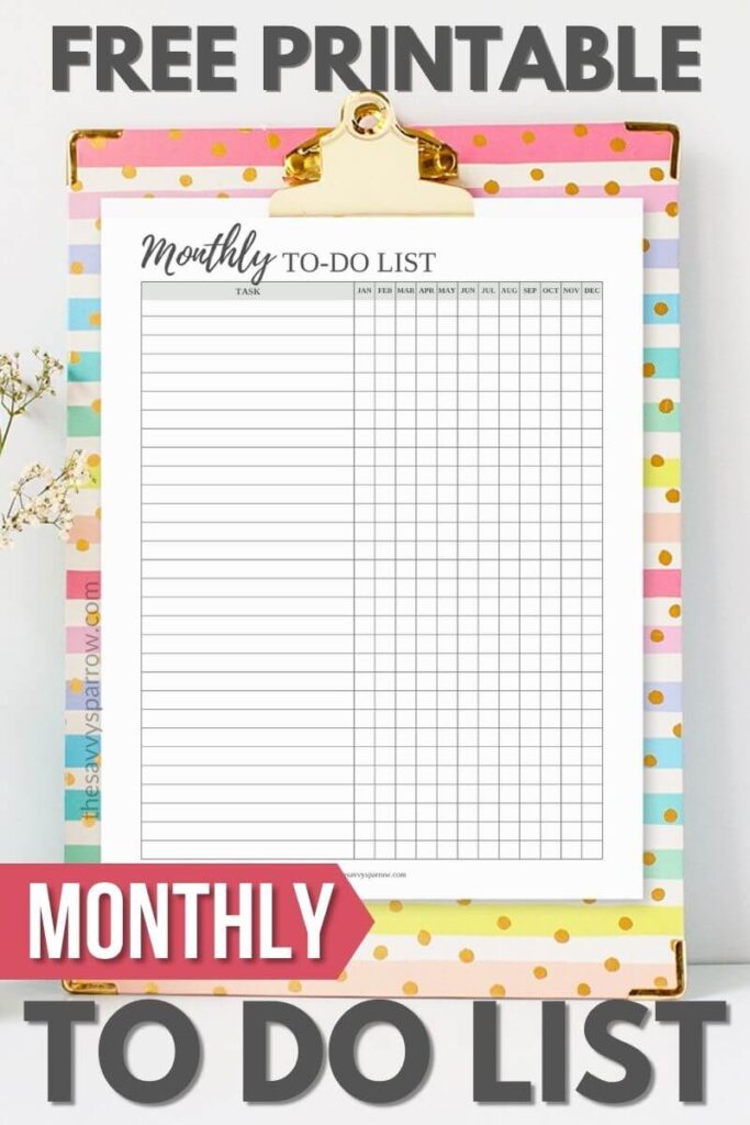 free printable monthly to do list on a rainbow clipboard