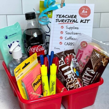 teacher survival kit with snacks and school supplies