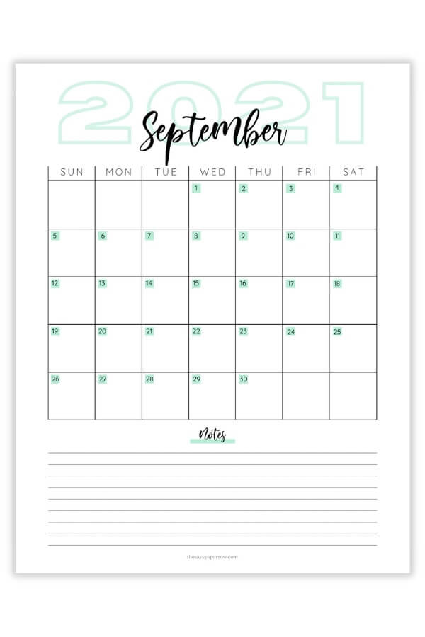 September 2021 printable calendar with teal design