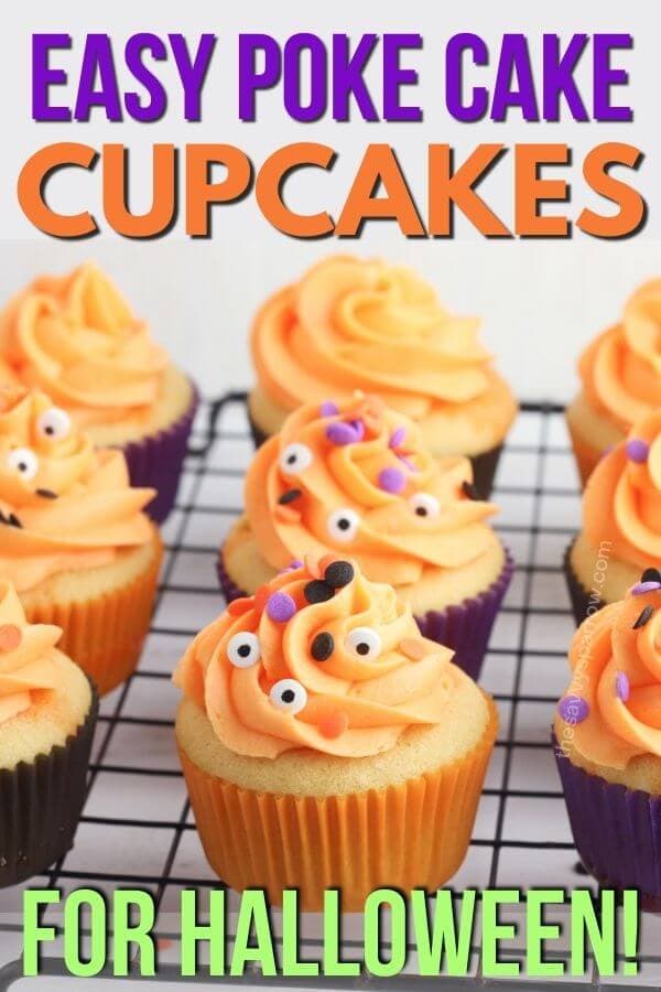 Halloween poke cake cupcakes on a cooling rack