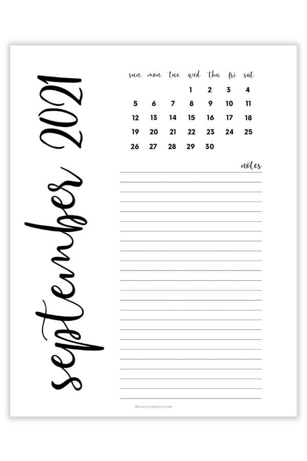 modern style September 2021 calendar with notes