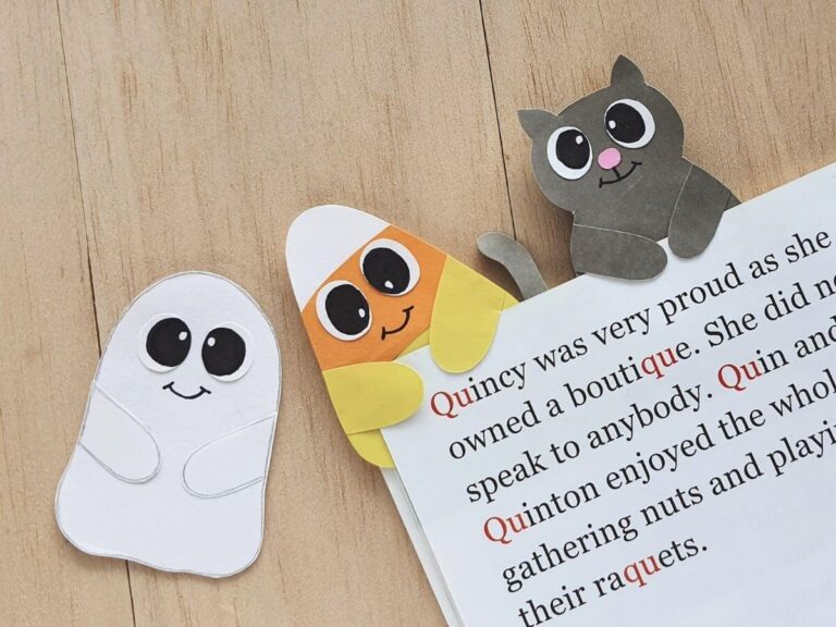ghost, candy corn, and cat halloween bookmarks to make
