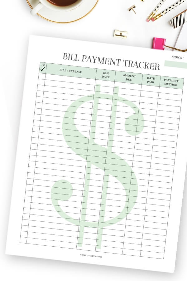 printable bill payment tracker PDF with green design