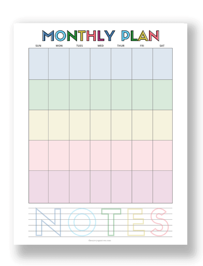 rainbow colored monthly planner template