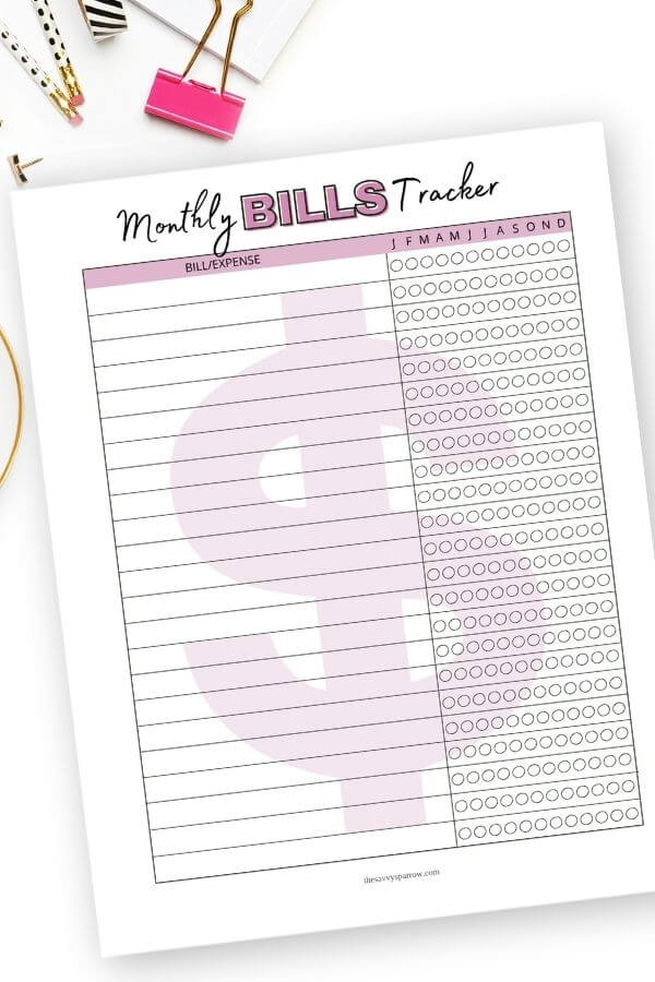 printable bill payment log with pink dollar sign design