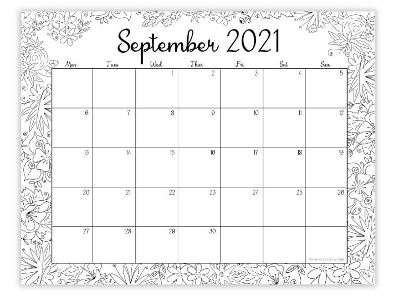 printable September 2021 calendar to color in