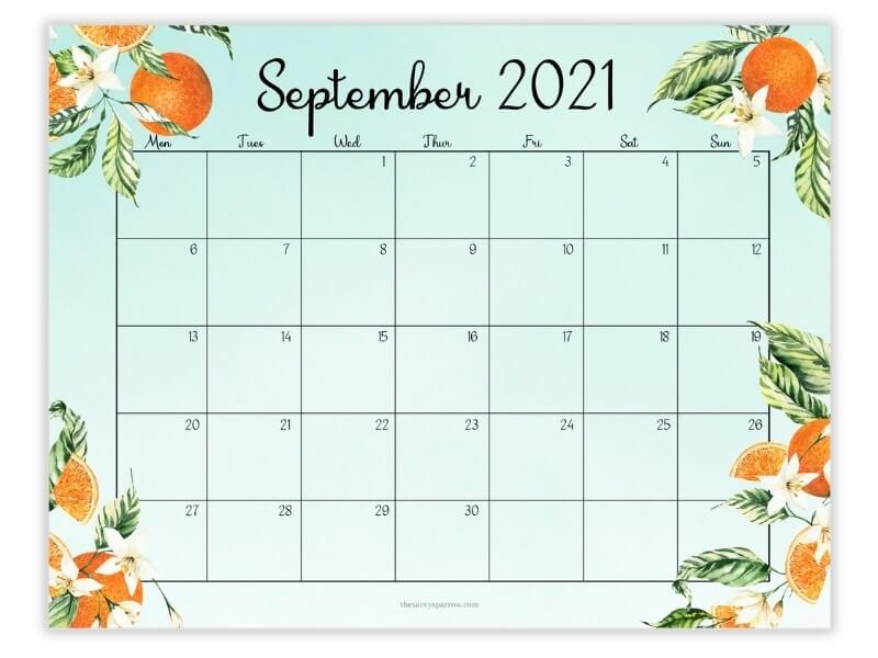 September 2021 calendar with orange floral design