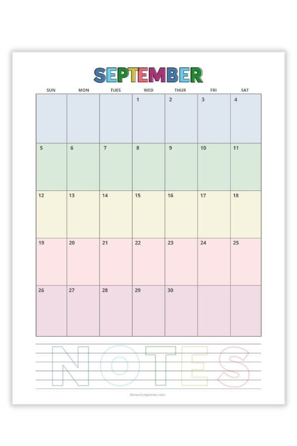 rainbow colored September calendar