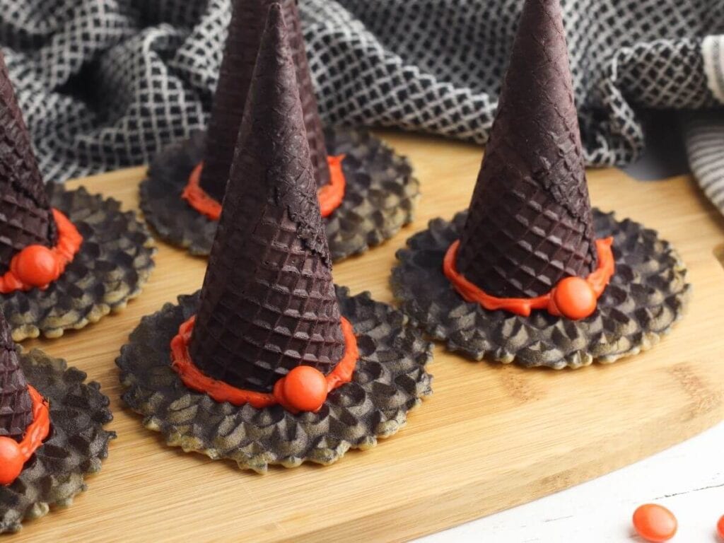 witch hat ice cream cones on a cutting board