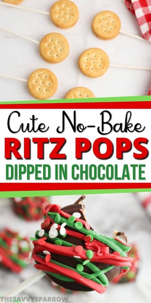 chocolate dipped ritz crackers with text that says "cute no bake ritz pops dipped in chocolate"