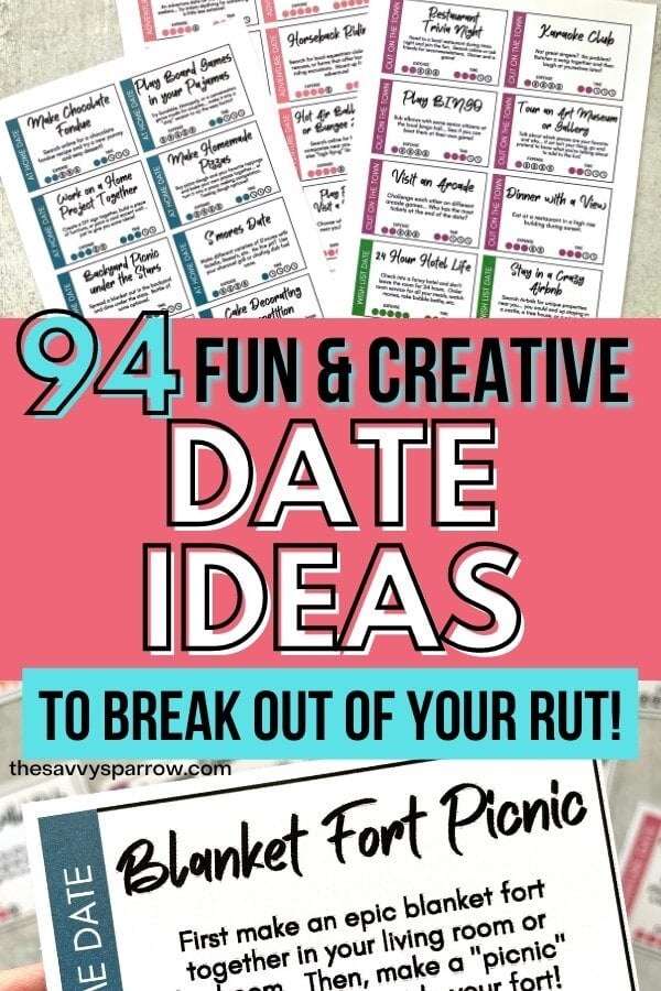 pinterest graphic that says 94 fun and creative date ideas