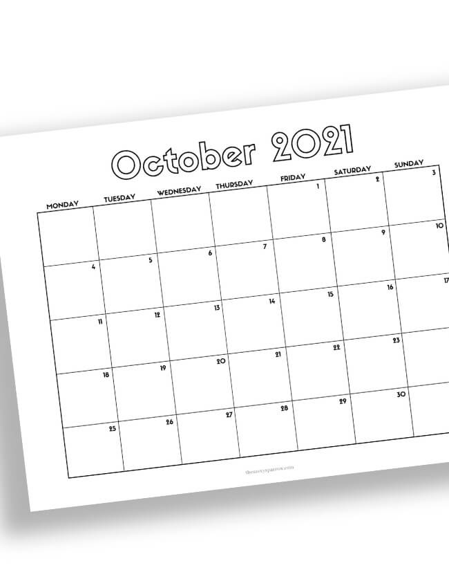 October calendar with horizontal layout