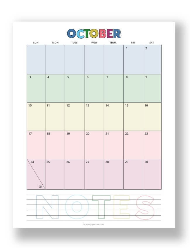 rainbow colored October calendar