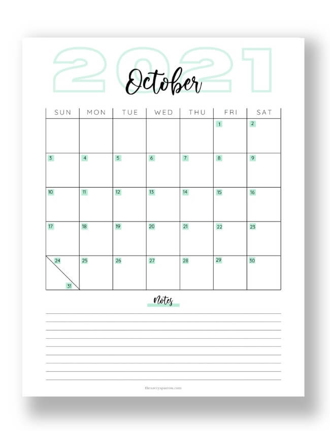 October calendar printable with teal designs