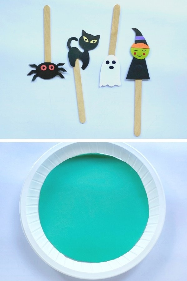 Halloween puppets on popsicle sticks and a paper plate